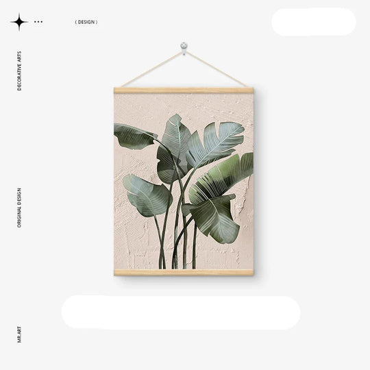 Modern Botanical Green Leaves Canvas Wall Art With Wooden Scroll Frame
