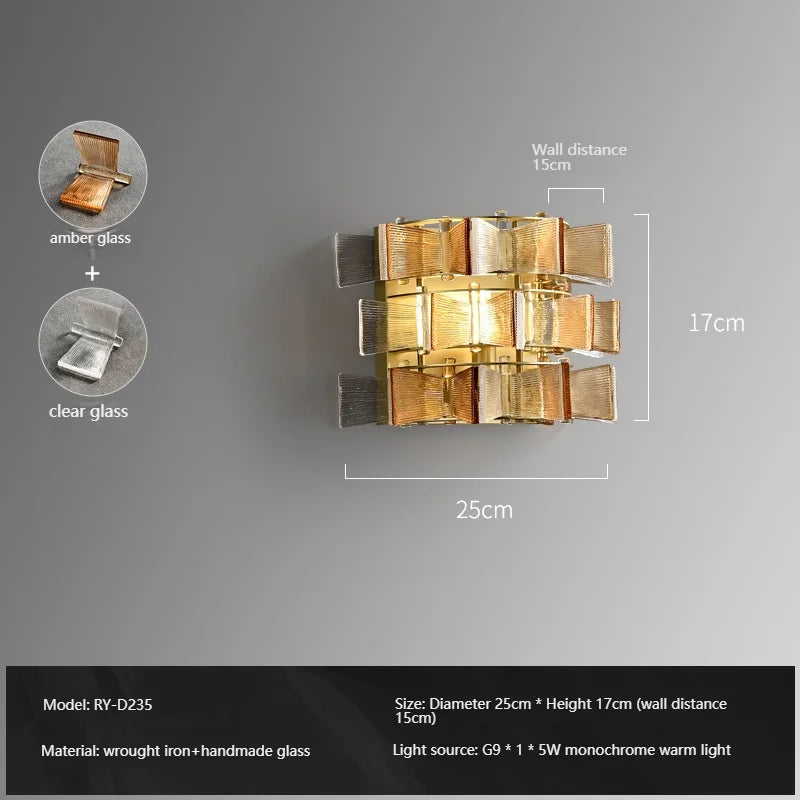 Simple Amber &amp; Blue Glass Wall Lamp – High-End Decorative Bedside Light