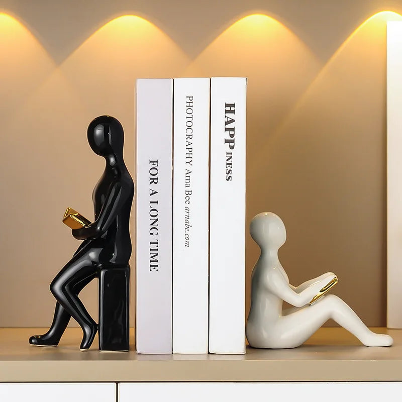 Ceramic Girl Sculpture Bookends Set for Bookshelf Decor