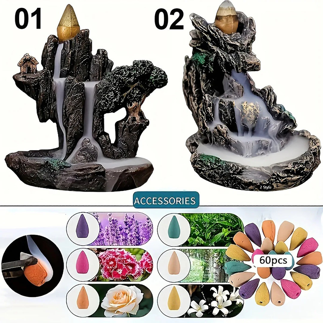 Mountains River Waterfall Backflow Incense Burner With Cones