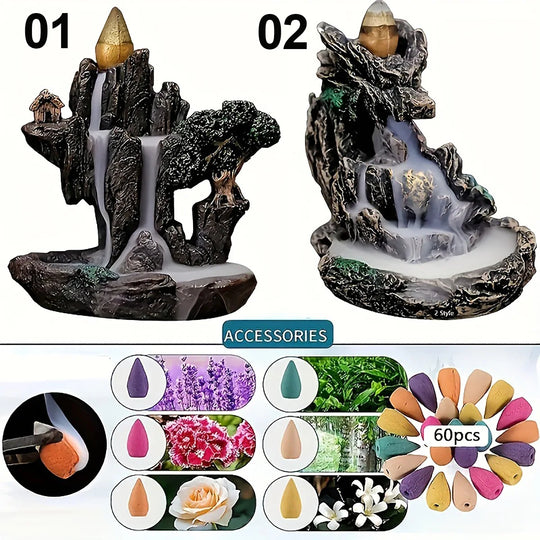 Mountains River Waterfall Backflow Incense Burner With Cones