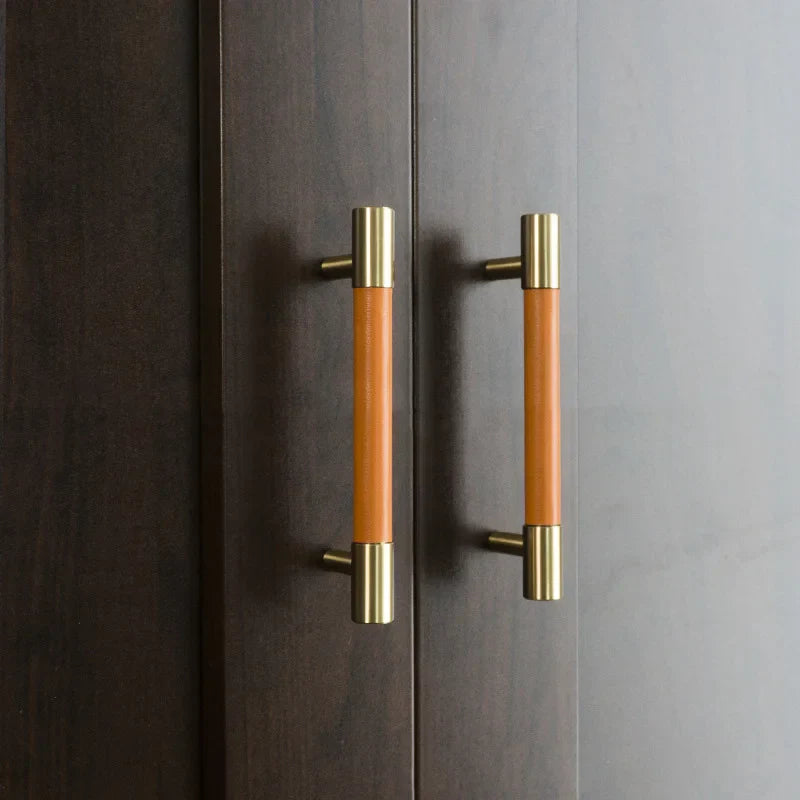 Solid Brass and Leather Cabinet Handles – Customizable in 15 Leather Colors