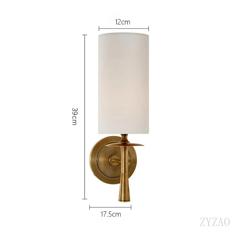 Retro Brass Wall Lamp Fabric Shade Corridor Staircase Bedside Light
