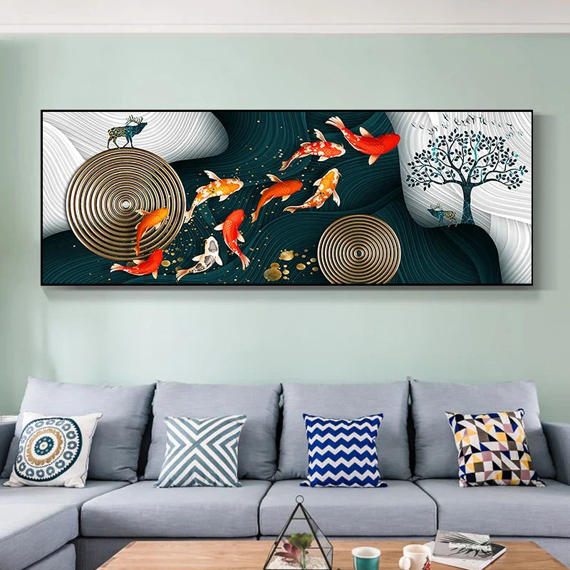 Abstract Golden Fish Wide Format Canvas Wall Art