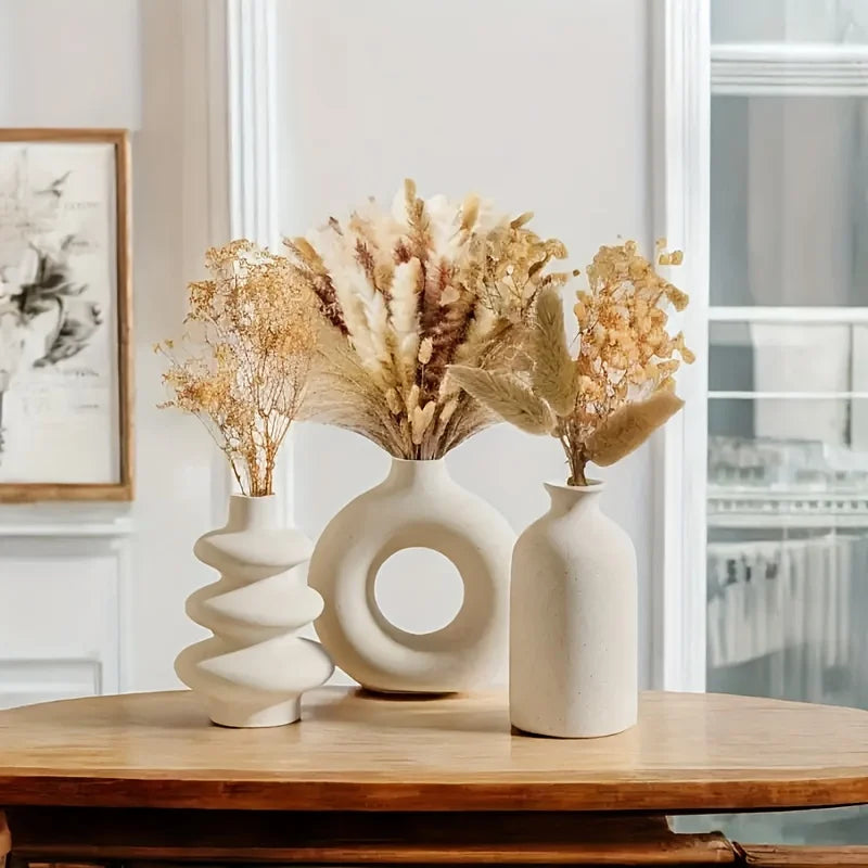Set of 3 White Ceramic Decorative Vases for Home Styling