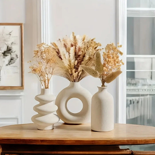 Set of 3 White Ceramic Decorative Vases for Home Styling