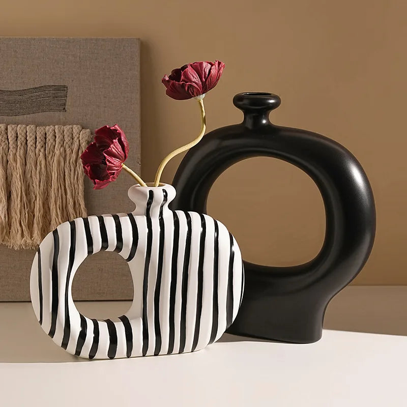 Retro Black and White Striped Ceramic Vase for Living Room Decor