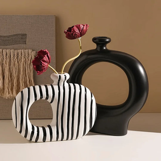 Retro Black and White Striped Ceramic Vase for Living Room Decor