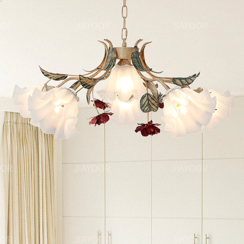 French Retro Flower Glass Chandelier for Bedroom &amp; Living Room