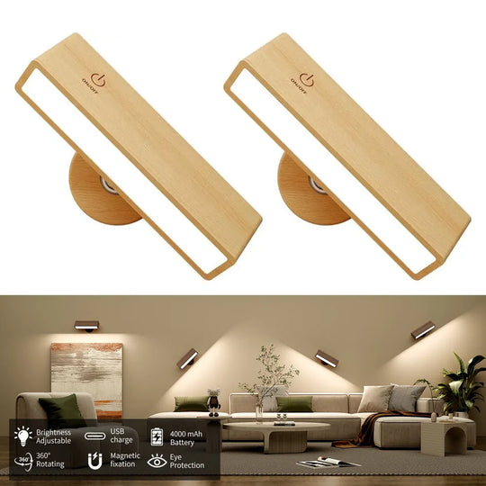 Nordic Wooden Wall Lamp 360° Rotating Magnetic Reading Light