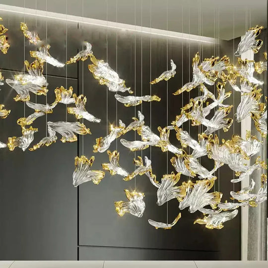Modern Glass Leaf Pendant Chandelier – Clear &amp; Gold Suspension Light