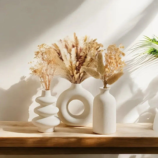 Set of 3 White Ceramic Decorative Vases for Home Styling