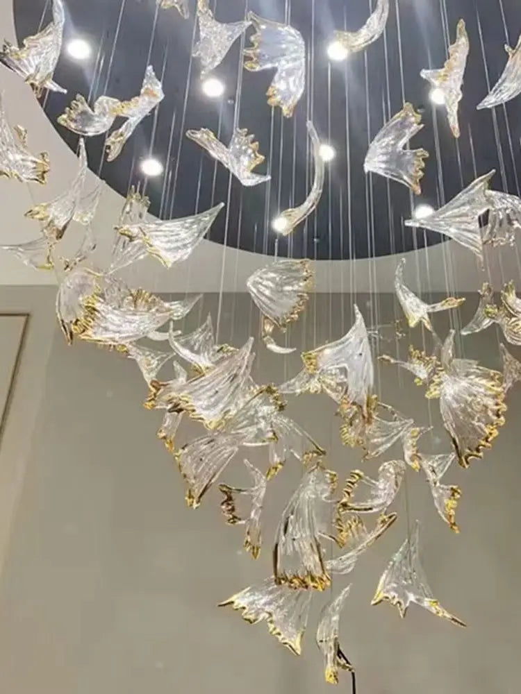 Modern Glass Leaf Pendant Chandelier – Clear &amp; Gold Suspension Light