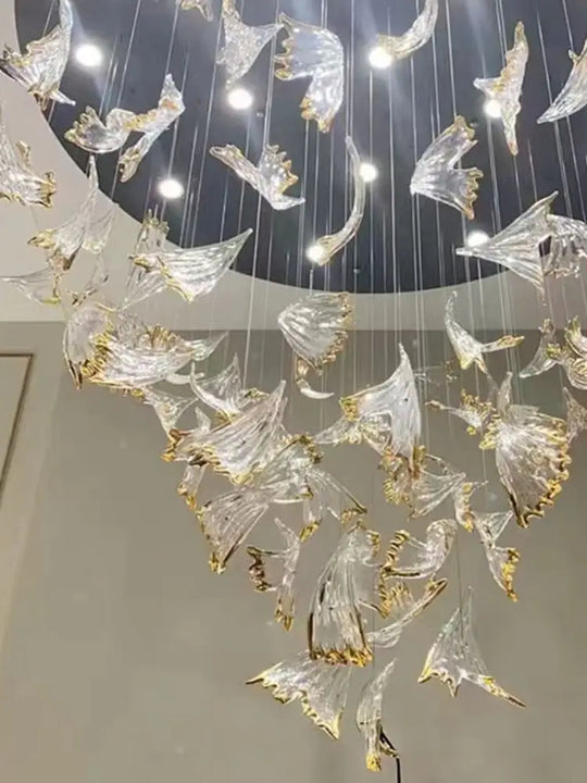 Modern Glass Leaf Pendant Chandelier – Clear &amp; Gold Suspension Light