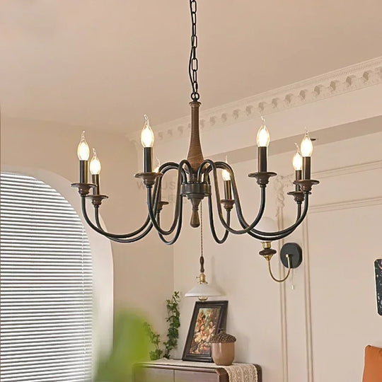 Nordic Retro Solid Wood &amp; Wrought Iron Candle Chandelier – Art Deco Pendant Light