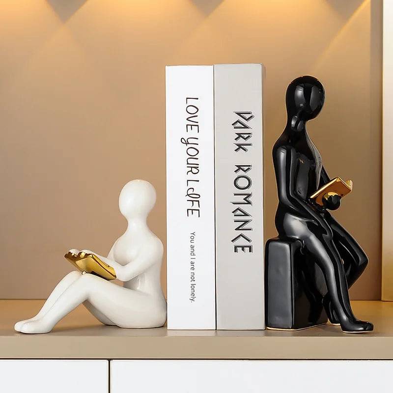 Ceramic Girl Sculpture Bookends Set for Bookshelf Decor