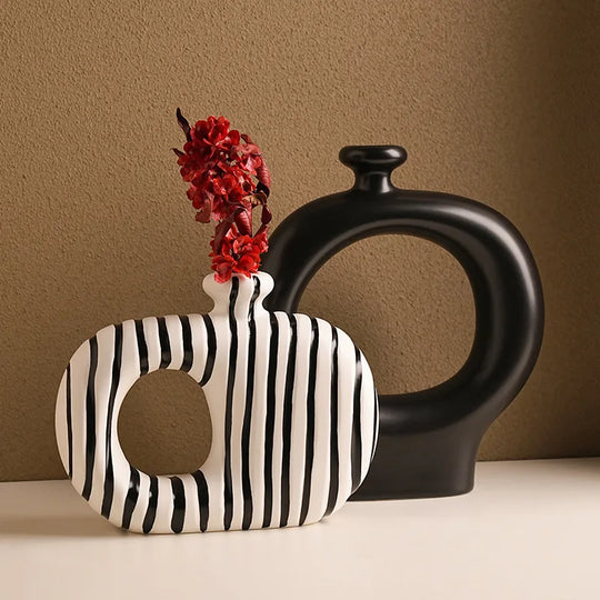 Retro Black and White Striped Ceramic Vase for Living Room Decor