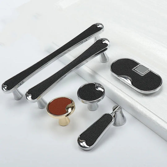 Modern Black and Red Leather Cabinet Handle – Zinc Alloy Pulls for Wardrobes and Cupboards (96mm/128mm)