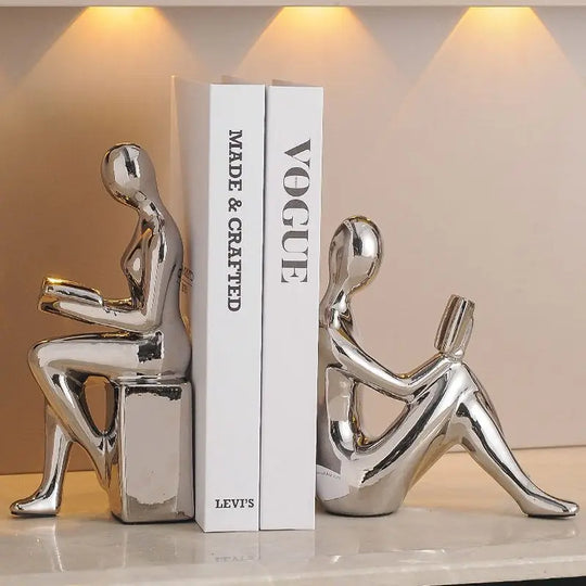 Ceramic Girl Sculpture Bookends Set for Bookshelf Decor