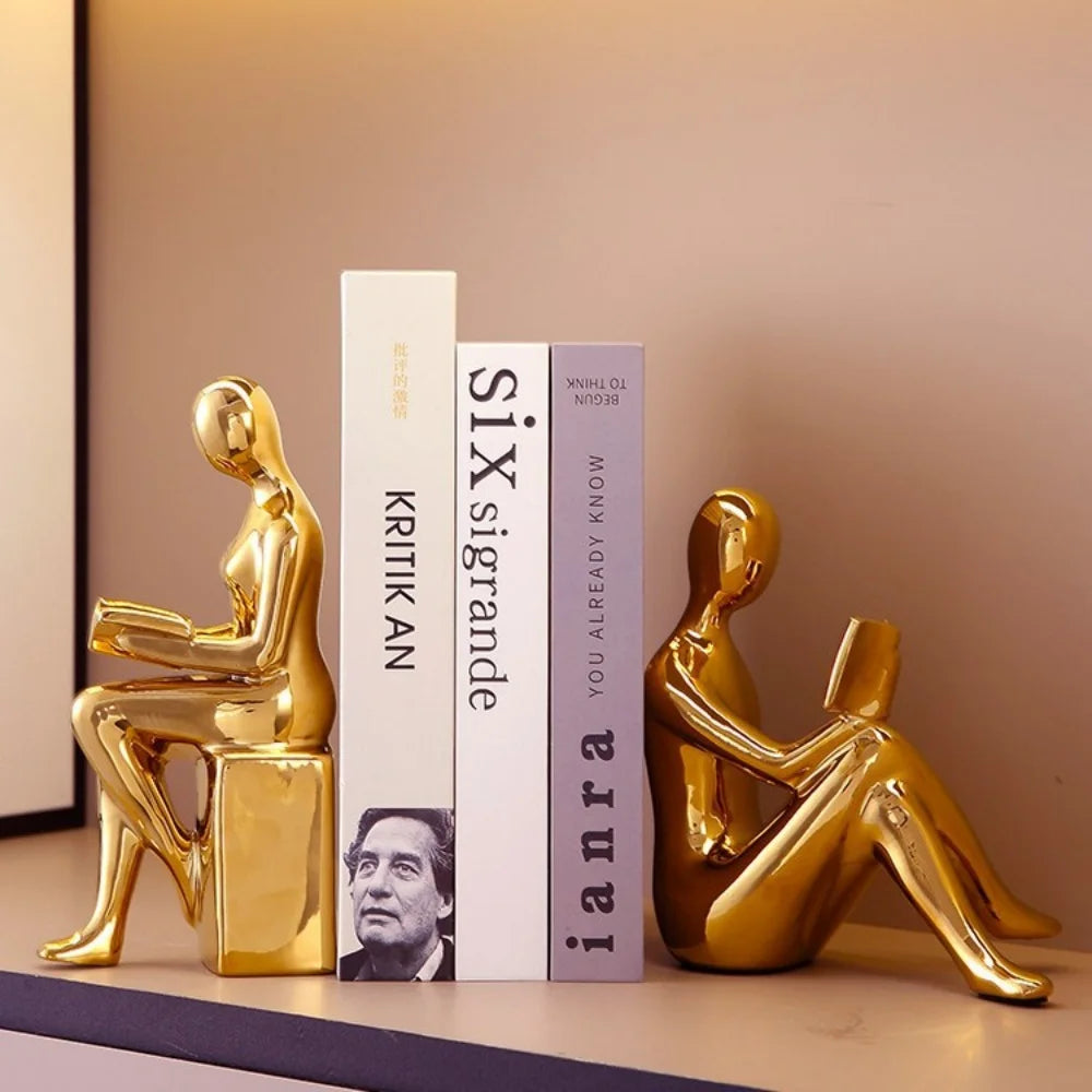 Ceramic Girl Sculpture Bookends Set for Bookshelf Decor