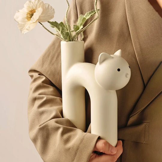 Cute Cat Head Ceramic Vase H Shape Tube Design