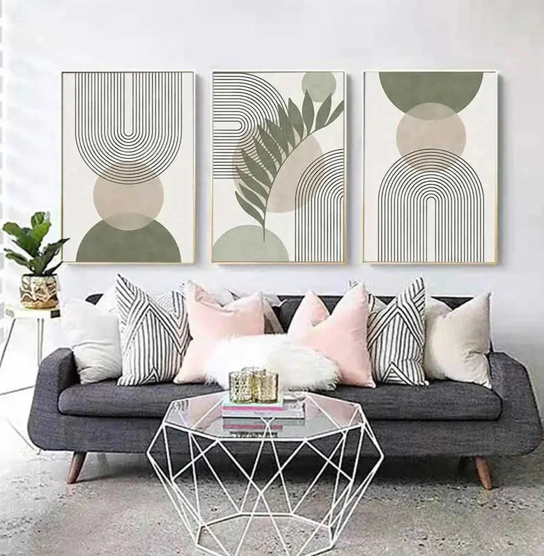 Sage Green Abstract Geometric Botanical Canvas Wall Art