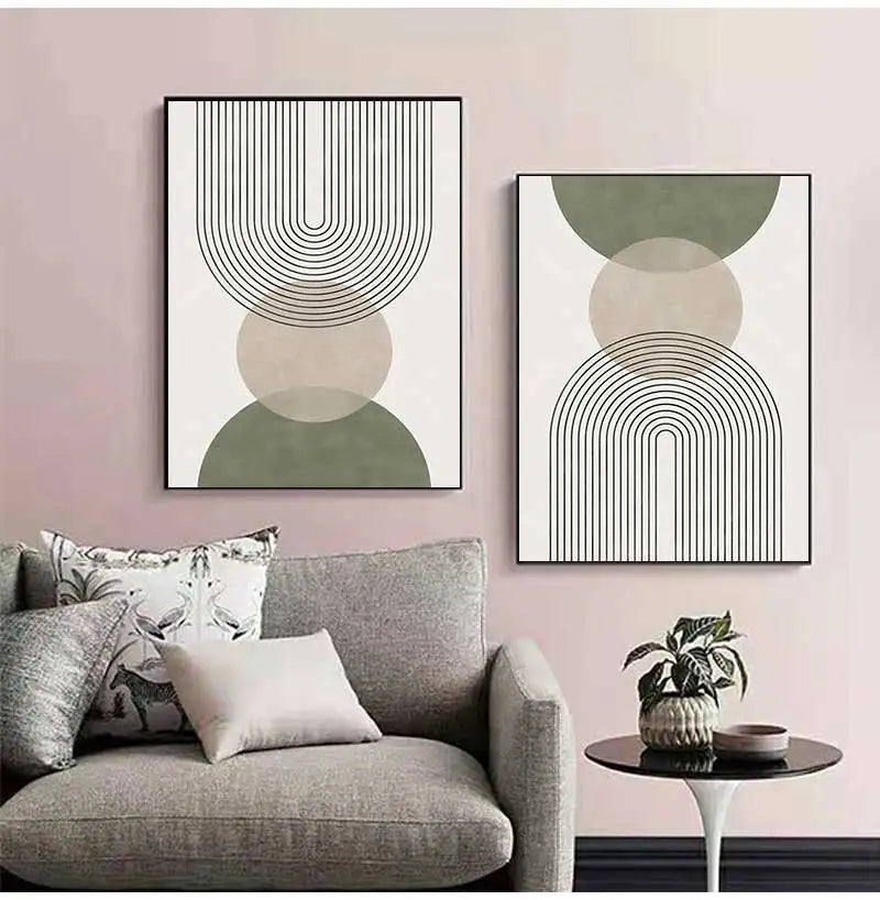 Sage Green Abstract Geometric Botanical Canvas Wall Art