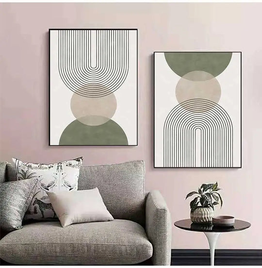 Sage Green Abstract Geometric Botanical Canvas Wall Art