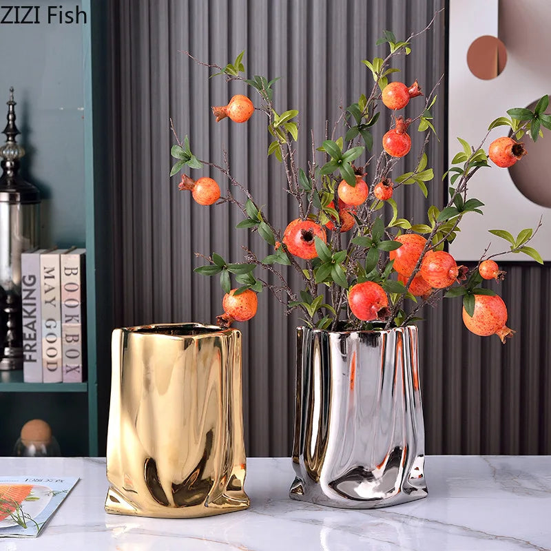 Pleated Texture Gold Plated Ceramic Vase for Desk and Home Decor