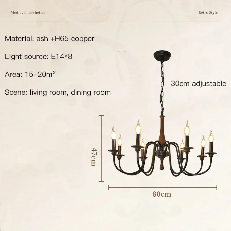 Nordic Retro Solid Wood &amp; Wrought Iron Candle Chandelier – Art Deco Pendant Light