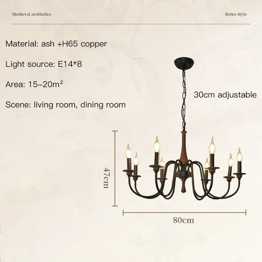 Nordic Retro Solid Wood &amp; Wrought Iron Candle Chandelier – Art Deco Pendant Light
