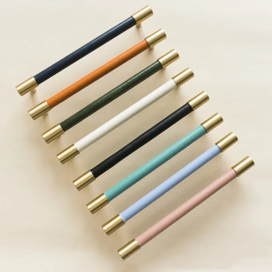 Solid Brass and Leather Cabinet Handles – Customizable in 15 Leather Colors