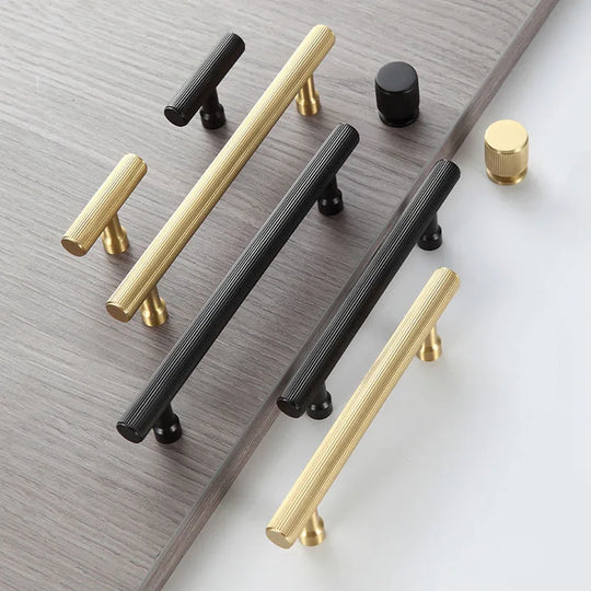 Gold and Black Brass T-Bar Handles – Modern Textured Pulls for Furniture