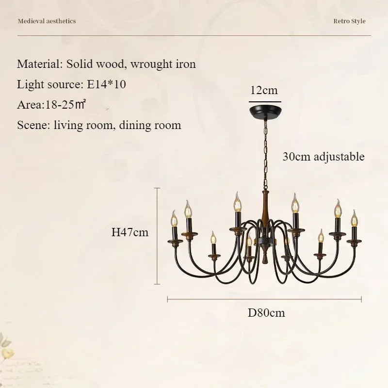 Nordic Retro Solid Wood &amp; Wrought Iron Candle Chandelier – Art Deco Pendant Light
