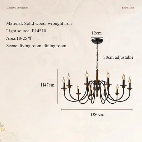 Nordic Retro Solid Wood &amp; Wrought Iron Candle Chandelier – Art Deco Pendant Light
