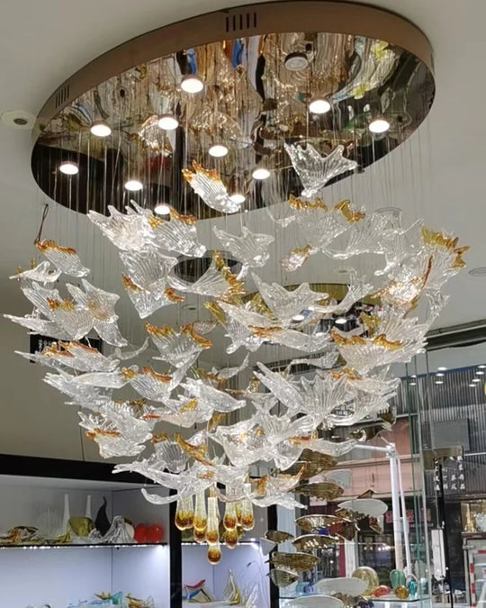 Modern Glass Leaf Pendant Chandelier – Clear &amp; Gold Suspension Light