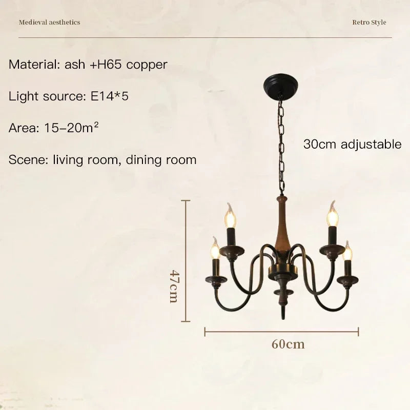 Nordic Retro Solid Wood &amp; Wrought Iron Candle Chandelier – Art Deco Pendant Light