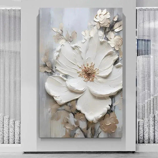Big White Floral Canvas Wall Art Modern Botanical Decor