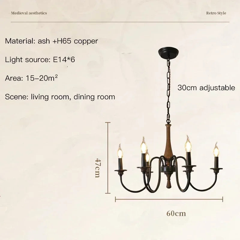 Nordic Retro Solid Wood &amp; Wrought Iron Candle Chandelier – Art Deco Pendant Light