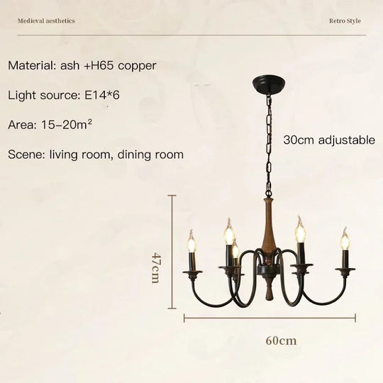 Nordic Retro Solid Wood &amp; Wrought Iron Candle Chandelier – Art Deco Pendant Light