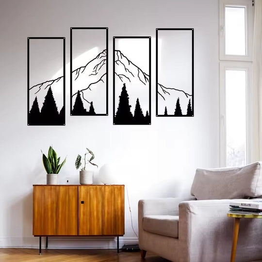 Set of 4 Forest Mountain Landscape Black Metal Wall Art