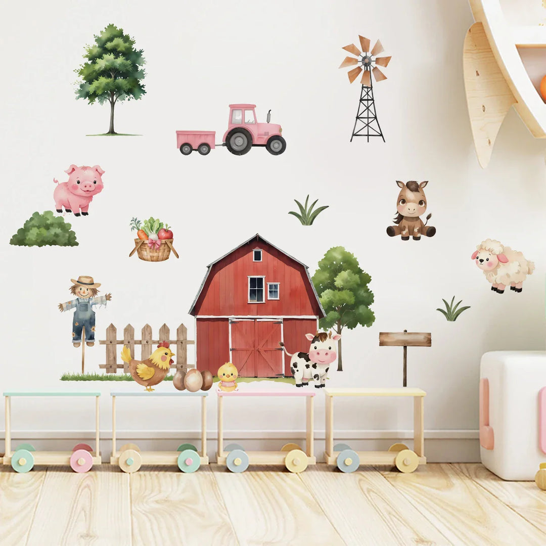 Pink Tractor And Farm Friends Wall Decals For Kids Room