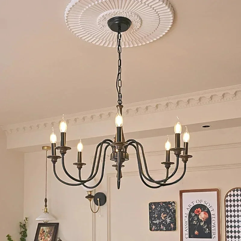 Nordic Retro Solid Wood &amp; Wrought Iron Candle Chandelier – Art Deco Pendant Light