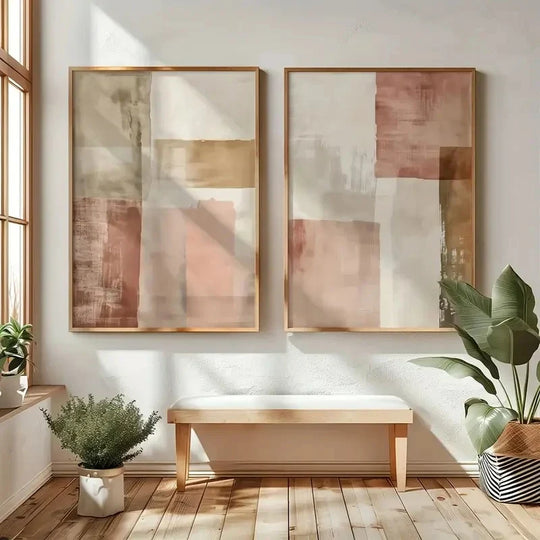 Pink Beige Rustic Color Block Abstract Canvas Wall Art Set