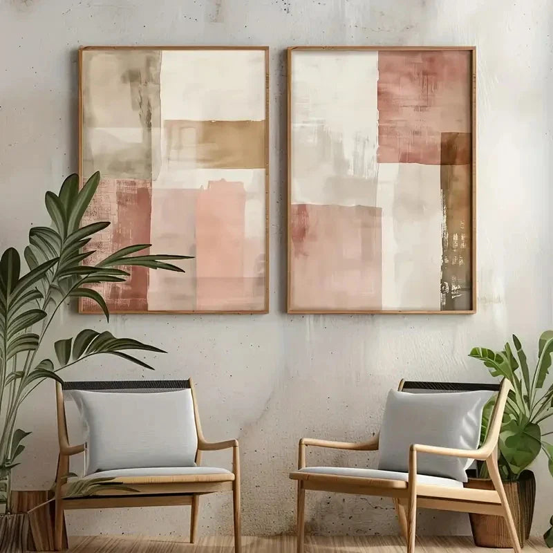 Pink Beige Rustic Color Block Abstract Canvas Wall Art Set