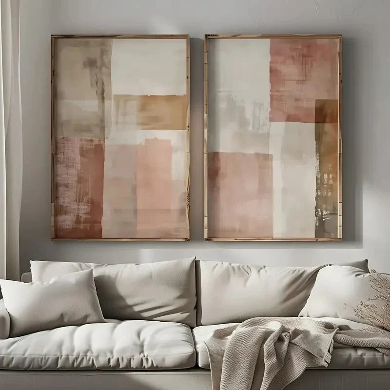 Pink Beige Rustic Color Block Abstract Canvas Wall Art Set