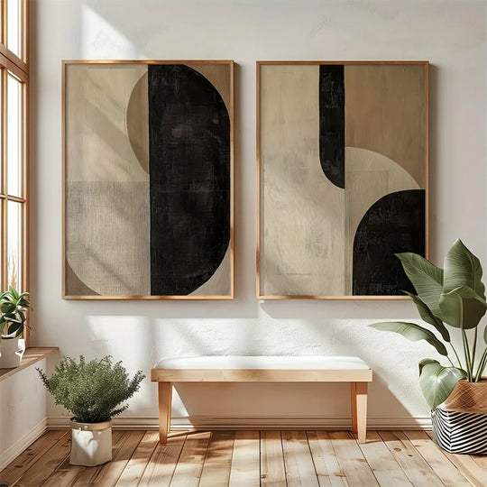 Set of 2 Abstract Canvas Wall Art Prints – Black Beige Brown  (Unframed)