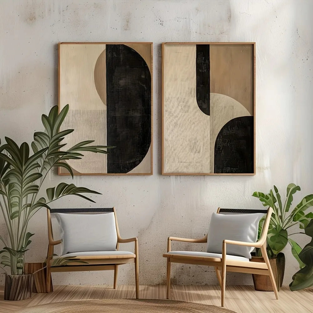 Set of 2 Abstract Canvas Wall Art Prints – Black Beige Brown  (Unframed)