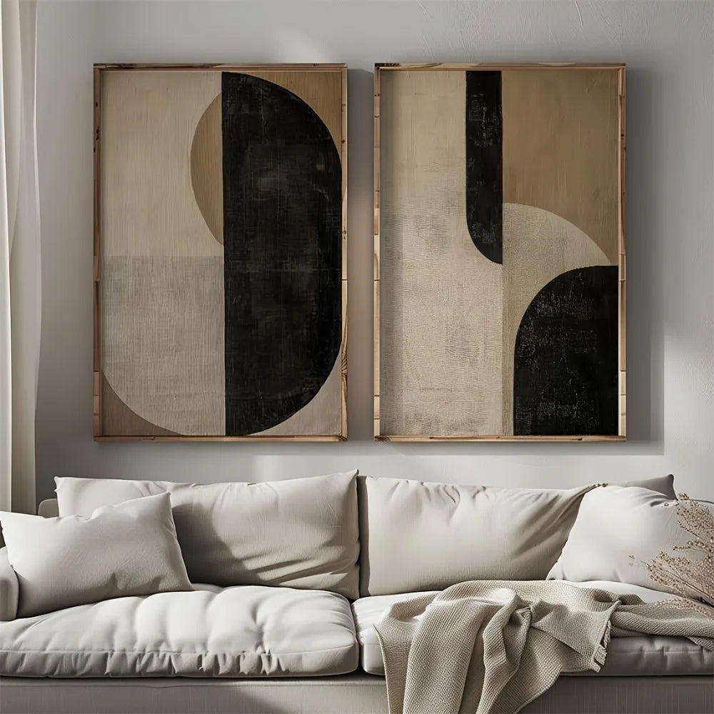 Set of 2 Abstract Canvas Wall Art Prints – Black Beige Brown  (Unframed)