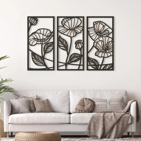 Set of 3 Abstract Floral Black Metal Wall Art Panels